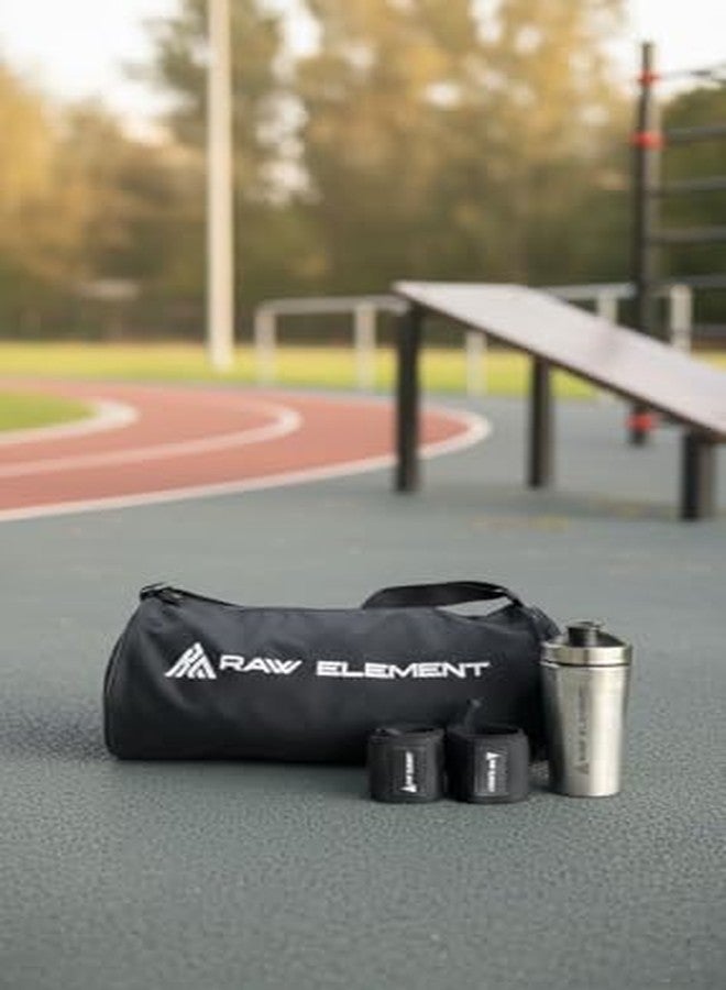 Raw Element Pack of 3 Gym Bag Set with Shaker Bottle and Wrist Wraps, Black, Fitness Accessories Kit - Image 4